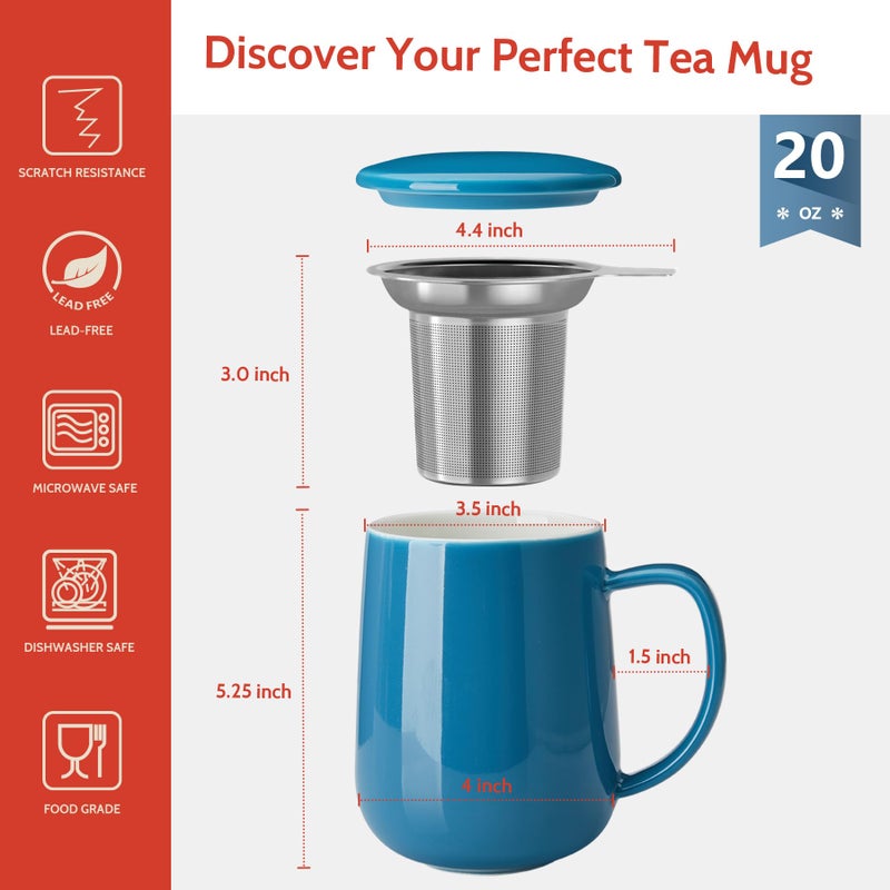 Sweese Porcelain Teacup with Infuser and Lid, 20oz, Steel Blue, Microwave Safe, Reusable - Image 2
